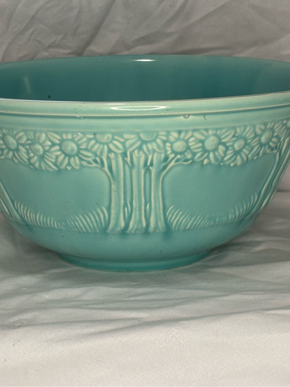 Vintage Homer Laughlin Aqua Ceramic Bowl w/ Floral Tree Relief. Collectible.